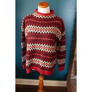 Chaps Cowl Neck Red, White & Black Geometric Wool Blend Sweater Sz L